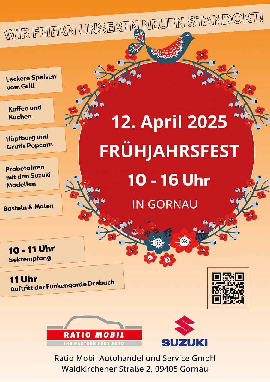 Plakat Fr&uuml;hjahrsfest bei RATIO MOBIL, Suzuki am 12.04.2025 von 10 bis 16 Uhr in Gornau (Foto: Ratio Mobil)