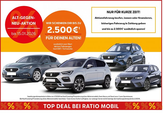 Seat Modelle mit Aktionsangebot Alt-gegen-Neu und Inzahlungnahmepr&auml;mie